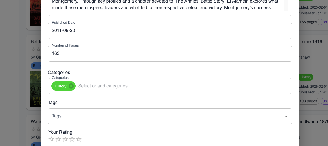 Library view showing categories and tags