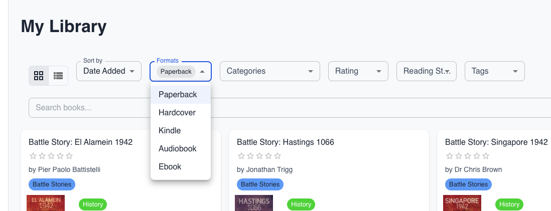 Grid view showing different book formats